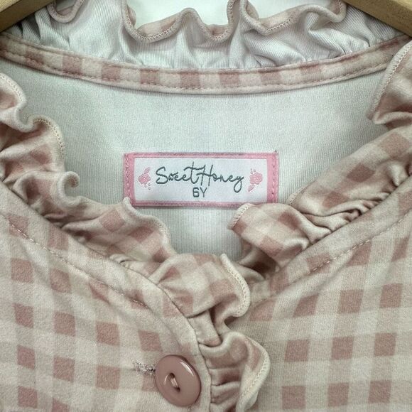 SweetHoney Single Button Ruffle Collar Hem Cuff Neutral Gingham Robe - Picture 3 of 8